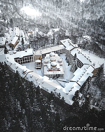 Aerial view of Rila Monastery in the winter wonderland Stock Photo