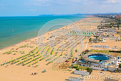 Aerial view of Rimini beach with people and blue water. Summer vacation concept. Stock Photo