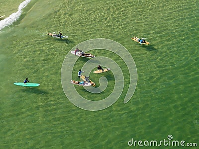 Aerial view of Rio de Janeiro, surfers in the water, Ipanema beach. Brazil Editorial Stock Photo