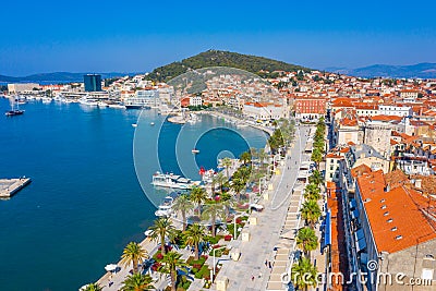 Aerial view of Riva promenade in Split with Marjan hill, Croatia Stock Photo