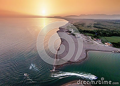 Aerial view of the river Bojana and the Ada Bojana island, Monte Stock Photo