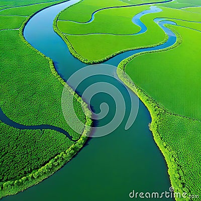 aerial view of a river delta with lush green vegetation and winding waterways Cartoon Illustration