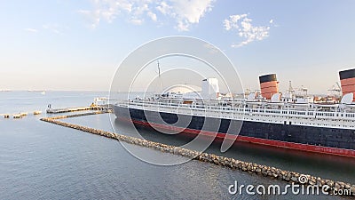 Aerial view of RMS Queen Mary ocean liner, Long Beach, CA Editorial Stock Photo