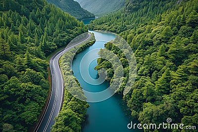 Aerial view of road with green woods by blue lakes water, beautiful view Stock Photo