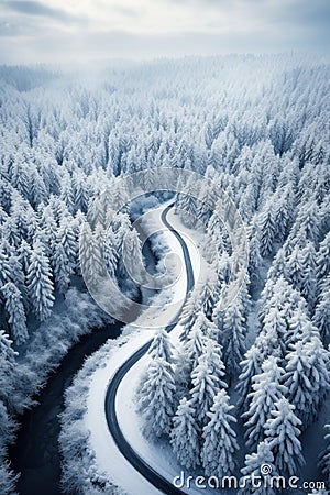 Aerial view of road and river in snowy woods in winter. Landscape of white forest with path, snow and trees. Concept of nature, Stock Photo