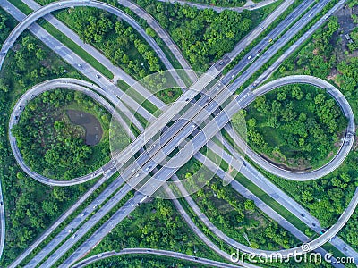 Aerial view, Road roundabout, Expressway with car lots in the ci Stock Photo