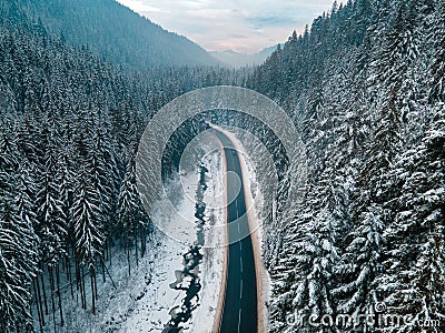 aerial view of road in winter carpathian mountains Stock Photo