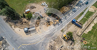 Aerial view on road word. Roundabout construction Stock Photo