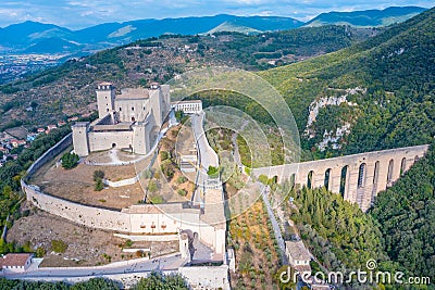 Aerial view of Rocca Albornoziana castle in Spoleto, Italy Editorial Stock Photo