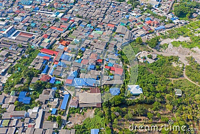 Aerial view of roofs of village houses. Residential buildings in Bangkok Downtown, Thailand. Urban city in Asia. Architecture Editorial Stock Photo