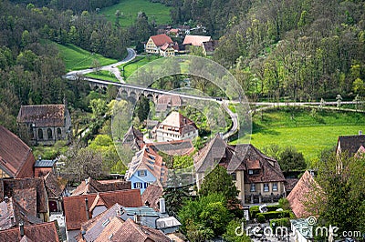 Aerial view of Rothenburg ob der Tauber in Germany with the Double Bridge Stock Photo