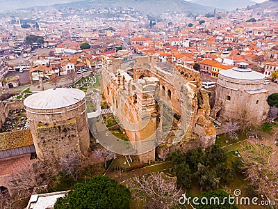 Aerial view of ruined temple of Pergamon Red Basilica, Bergama, Turkey Editorial Stock Photo