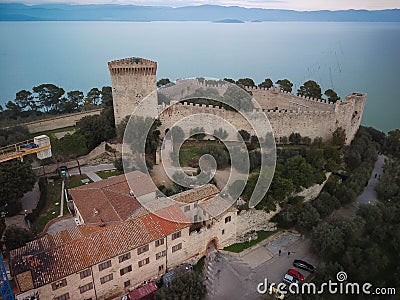 Aerial view of ruins of Castillo del Leone castle Castiglione del Lago in Umbria, Italy Stock Photo