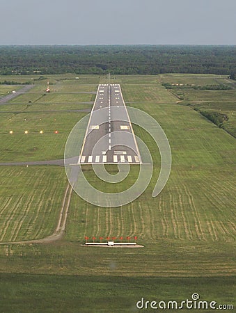 Aerial view runway at dusk. Stock Photo