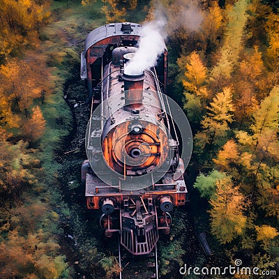 Aerial View of Rusty Train in Untamed Forest. Generative ai Stock Photo