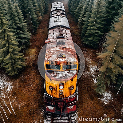 Aerial View of Rusty Train in Untamed Forest. Generative ai Stock Photo