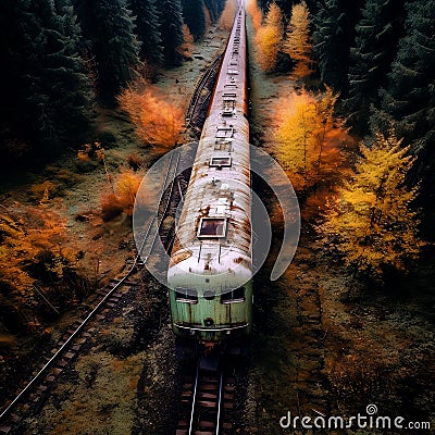 Aerial View of Rusty Train in Untamed Forest. Generative ai Stock Photo