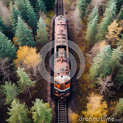 Aerial View of Rusty Train in Untamed Forest. Generative ai Stock Photo