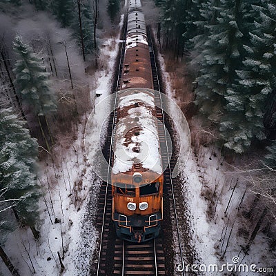 Aerial View of Rusty Train in Untamed Forest. Generative ai Stock Photo