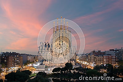 Aerial view of the Sagrada Familia, a large Roman Catholic church in Barcelona, Spain, designed by Catalan architect Antoni Gaudi Editorial Stock Photo