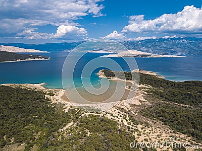 Aerial view of Sahara beach in Rab Island, forests around and mainland of Croatia. Stock Photo