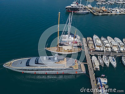 Aerial view of sailboats and moored boats. Boats moored in the port of Vibo Marina, quay, pier. Editorial Stock Photo