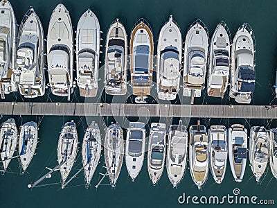 Aerial view of sailboats and moored boats. Boats moored in the port of Vibo Marina, quay, pier. Editorial Stock Photo