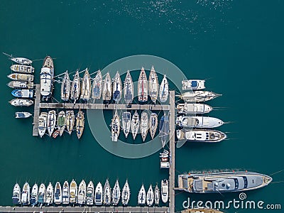 Aerial view of sailboats and moored boats. Boats moored in the port of Vibo Marina, quay, pier. Editorial Stock Photo