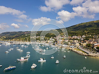 Aerial view of sailboats and moored boats. Boats moored in the port of Vibo Marina, quay, pier. Editorial Stock Photo