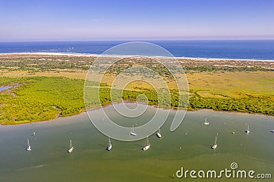 Aerial view of sailboats on river next to ocean in Saint Augustine Stock Photo
