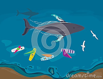 Aerial view of Sailboats and whales passing through Vector Illustration