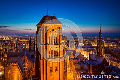 Aerial view of Saint Mary Basilica in Gdansk city at dawn, Poland Editorial Stock Photo
