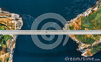 Aerial view Saltstraumen bridge in Norway road above sea connecting islands top down scenery Stock Photo