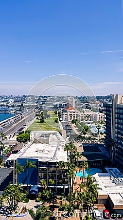 Aerial view of San Diego harbor and waterfront park Editorial Stock Photo