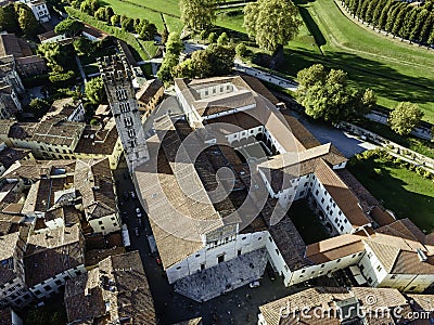 Aerial view of San Frediano cathedral in Lucca old town, Tuscany, Italy Stock Photo