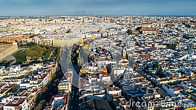 Aerial view of San Gil neighborhood in Seville,Andalusia,Spain. Main traffic street near Andalusian Parliament,catholic church Stock Photo