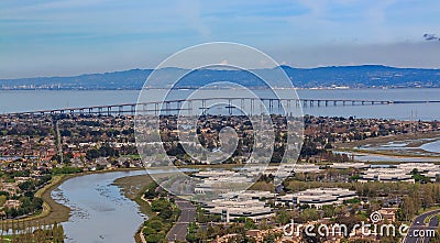 Aerial view of San Mateo Hayward bridge across the San Francisco Bay and Foster City in San Mateo County, California Stock Photo