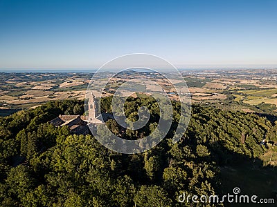 Aerial view of the sanctuary of Beato Sante in Mombaroccio on the hills of Pesaro Marche, Italy Stock Photo