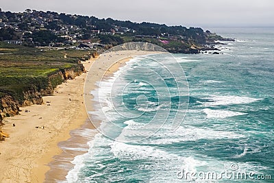 Aerial view of sandy beach in Montara, the Pacific Ocean coastline, California Stock Photo