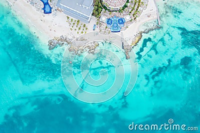 Aerial view of sandy beach and ocean with small waves in Cancun, Mexico. Top view from drone. Playa Caracol of Riviera Stock Photo