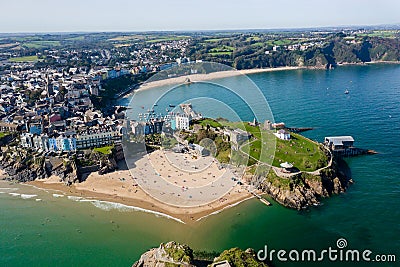 Aerial view of a beach in a picturesque resort Castle Beach, Tenby, Wales Stock Photo