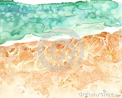 Aerial view of sandy beach and sea, watercolor hand painted illustration. Soft ocean waves texture Cartoon Illustration