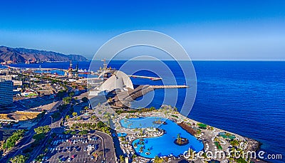 Aerial view of Santa Cruz de Tenerife skyline along the coast, C Editorial Stock Photo