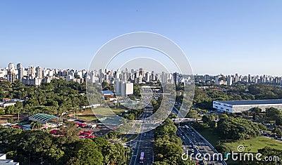Sao Paulo city, 23 de Maio avenue and Ibirapuera park Editorial Stock Photo