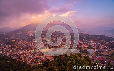 Cityscape view, fog and trees from Ham rong mountain,Sapa town Editorial Stock Photo