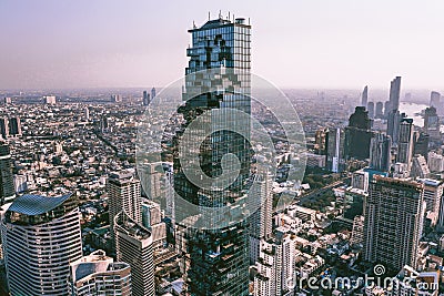 Aerial view of Sathorn district during covid lockdown quarantine, Chong Nonsi, King Power Mahanakhon tower and skywalk Stock Photo