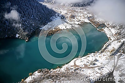 Aerial view of scenic winter landscape at Issyk Lake, Almaty, Kazakhstan Stock Photo