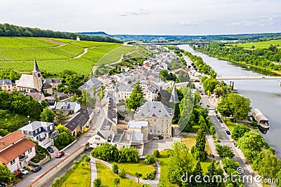 Aerial view of Schengen town over River Moselle, Luxembourg, where Schengen Agreement signed. Tripoint of borders, Germany, France Stock Photo