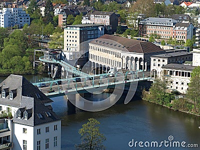 Aerial view of the Schlossbruecke` in the middle of Muelheim, leading over the river Ruhr` Stock Photo