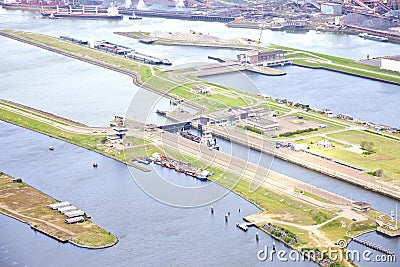 Aerial view at sea lock IJmuiden Stock Photo